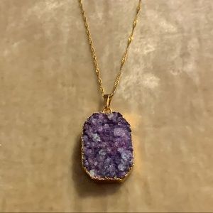 Druzy Amethyst Pendant & Gold Chain Necklace NEW
